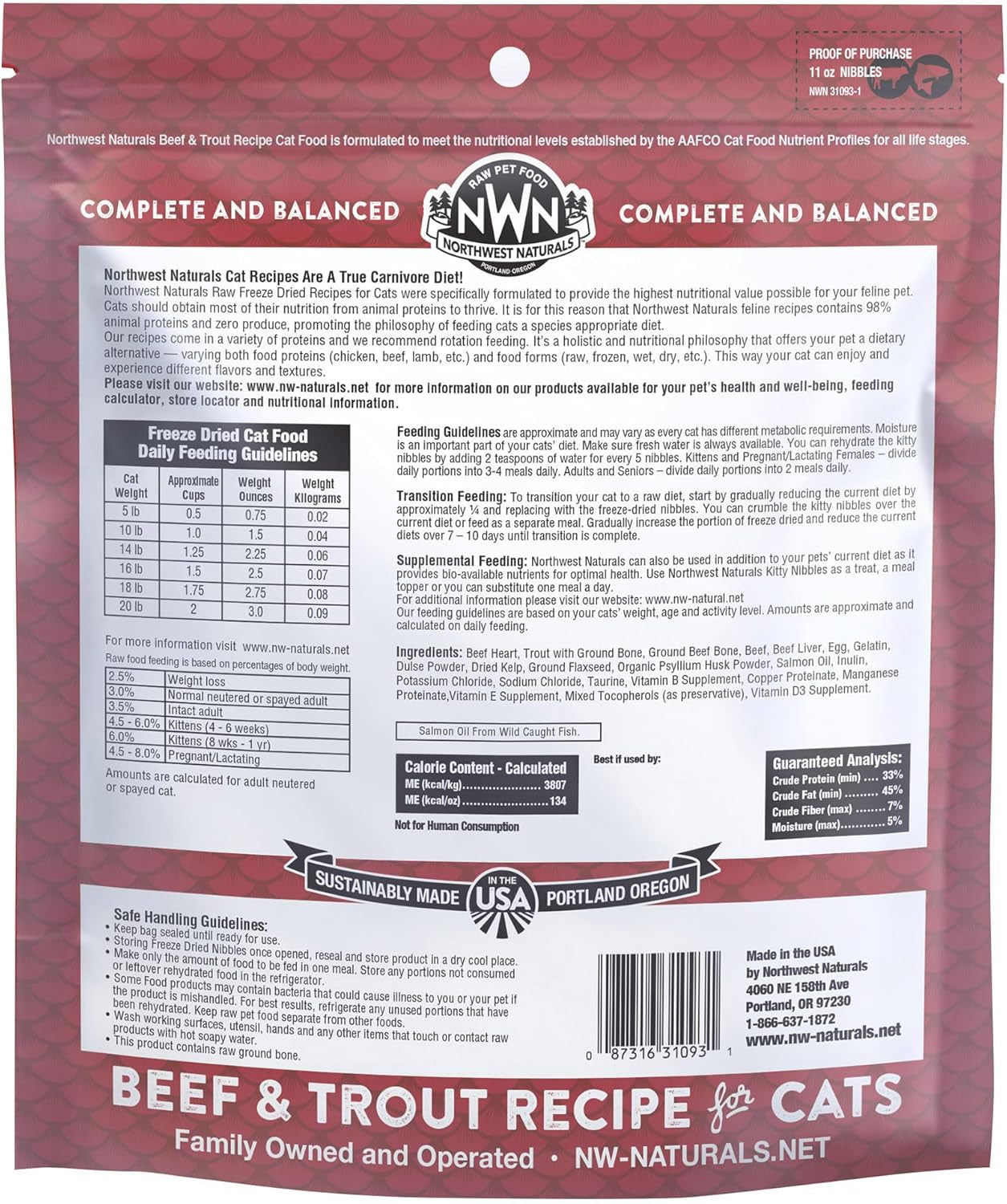 Freeze-Dried Beef & Trout Cat & Kitten Food, Bite-Sized Nibbles, Healthy, Limited, Human-Grade Ingredients, All-Natural, High-Protein Raw Diet, Complete & Balanced, Grain-Free 11 Oz