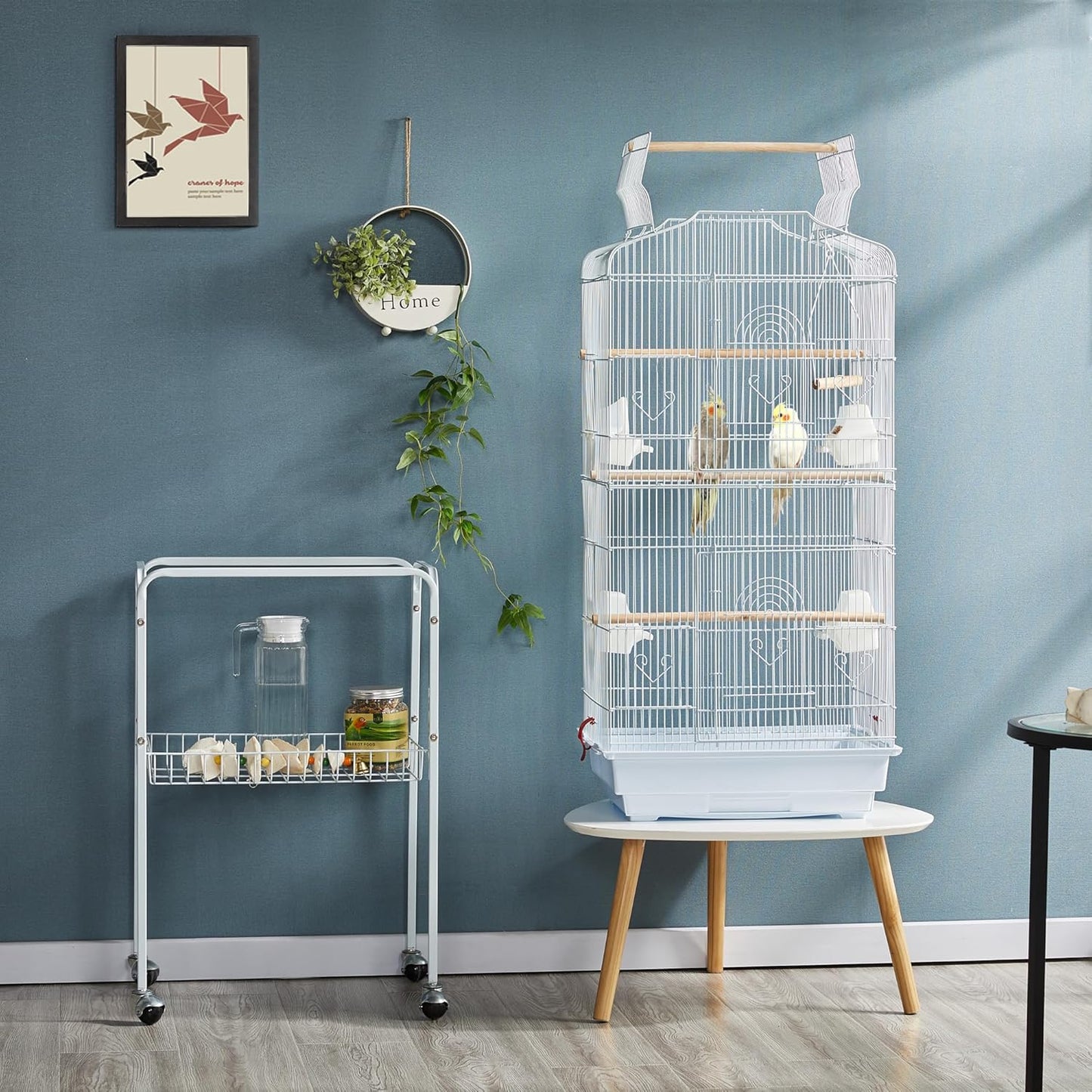 64-Inch Open Play Top Bird Cages for Parakeets Cockatiels Finches Lovebirds Canaries Conures Budgies Parrot Birdcage W/Detachable Rolling Stand, White