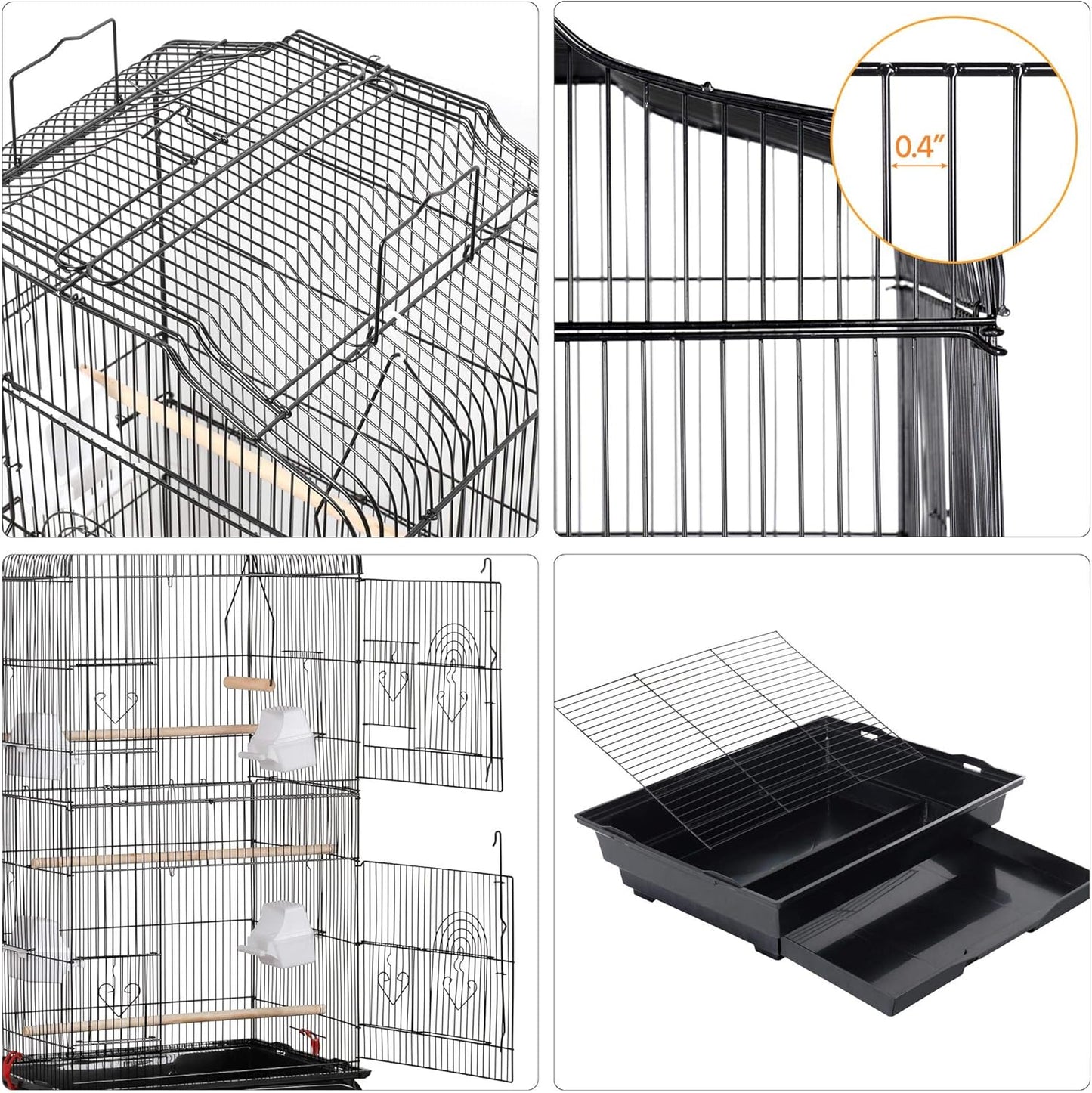 64'' Bird Cage, Open Top Parakeet Cage W/Slide-Out Tray, Feeders, Detachable Rolling Stand, Bird Cages for Parrot, Cockatiel, Budgie, Parakeets, Lovebird, Small Medium Birds