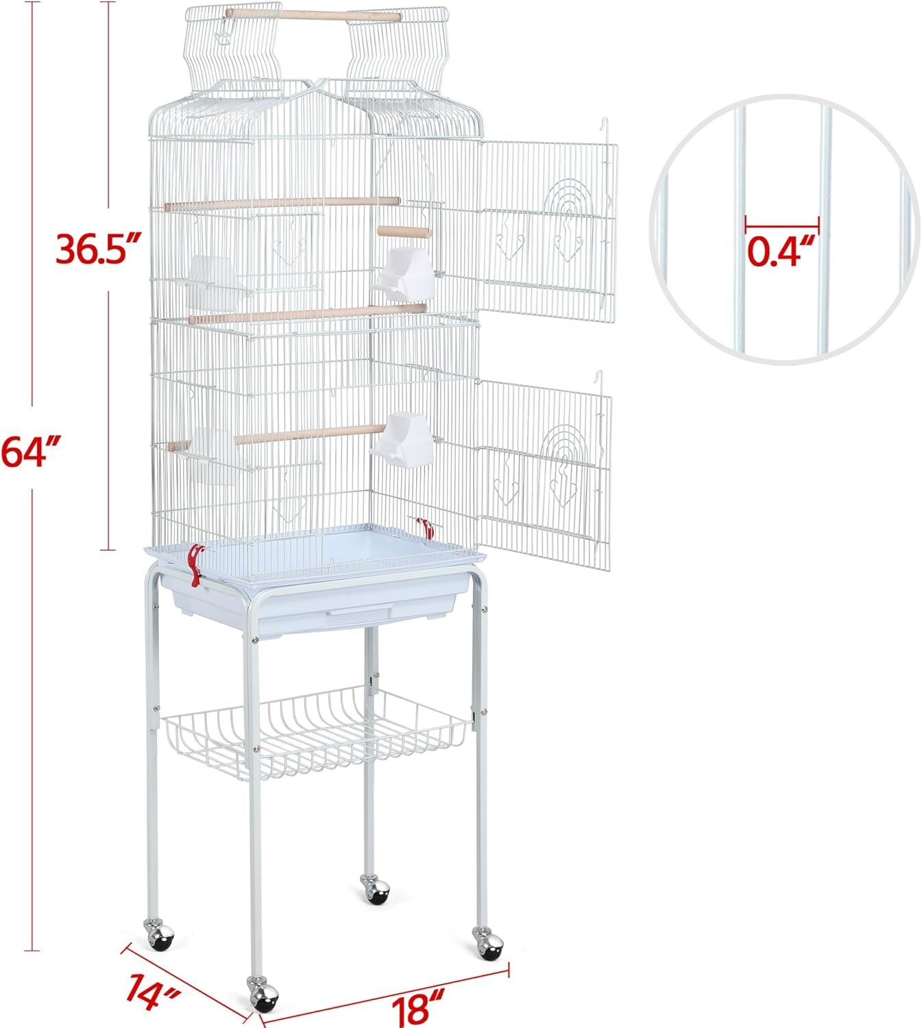 64-Inch Open Play Top Bird Cages for Parakeets Cockatiels Finches Lovebirds Canaries Conures Budgies Parrot Birdcage W/Detachable Rolling Stand, White