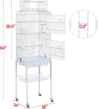 64-Inch Open Play Top Bird Cages for Parakeets Cockatiels Finches Lovebirds Canaries Conures Budgies Parrot Birdcage W/Detachable Rolling Stand, White