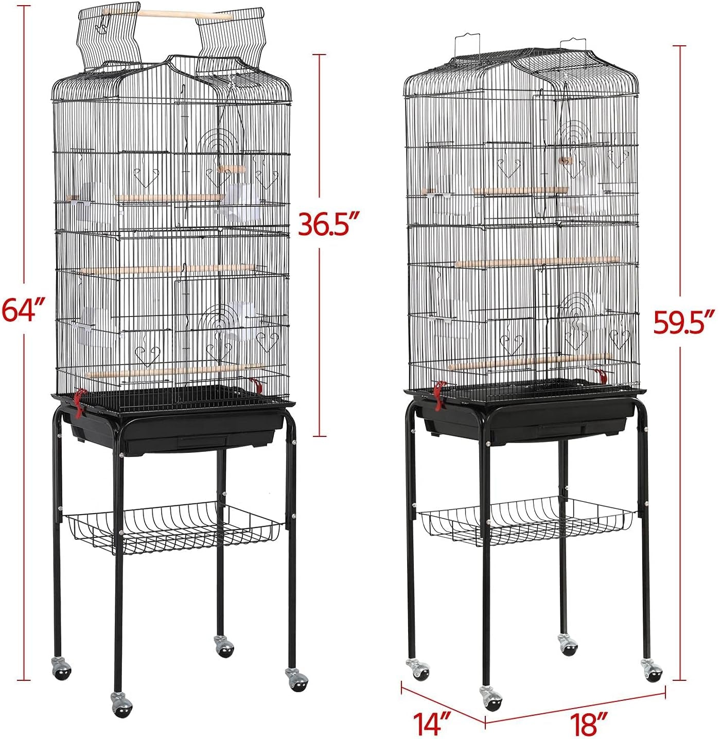 64'' Bird Cage, Open Top Parakeet Cage W/Slide-Out Tray, Feeders, Detachable Rolling Stand, Bird Cages for Parrot, Cockatiel, Budgie, Parakeets, Lovebird, Small Medium Birds