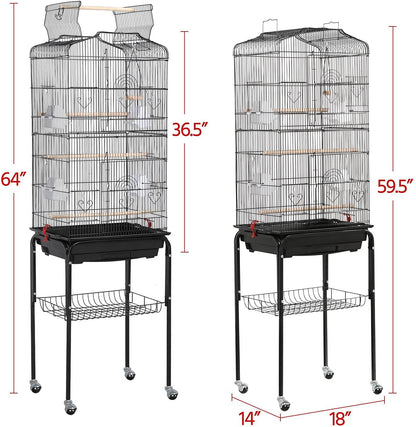 64'' Bird Cage, Open Top Parakeet Cage W/Slide-Out Tray, Feeders, Detachable Rolling Stand, Bird Cages for Parrot, Cockatiel, Budgie, Parakeets, Lovebird, Small Medium Birds