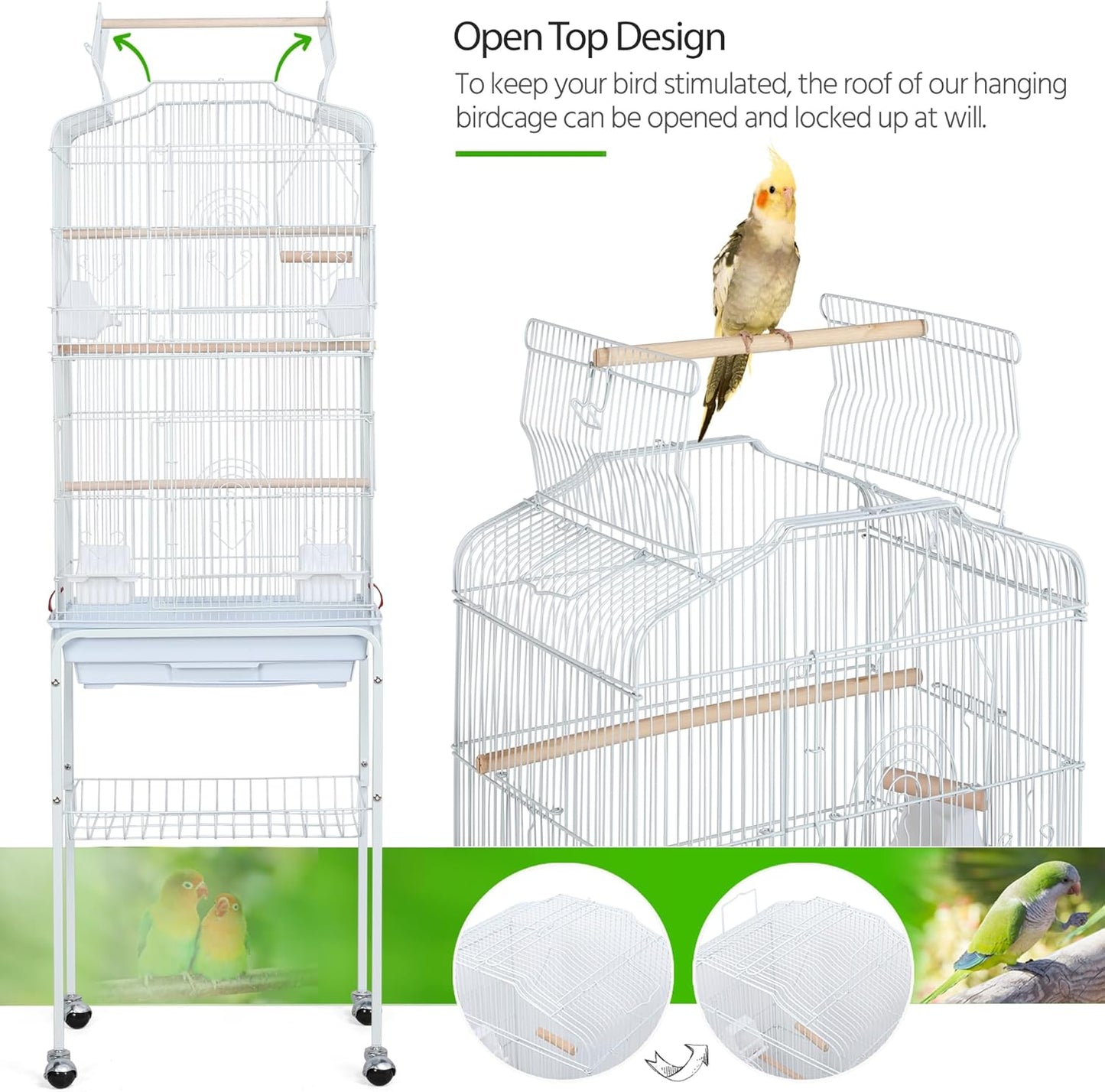 64-Inch Open Play Top Bird Cages for Parakeets Cockatiels Finches Lovebirds Canaries Conures Budgies Parrot Birdcage W/Detachable Rolling Stand, White