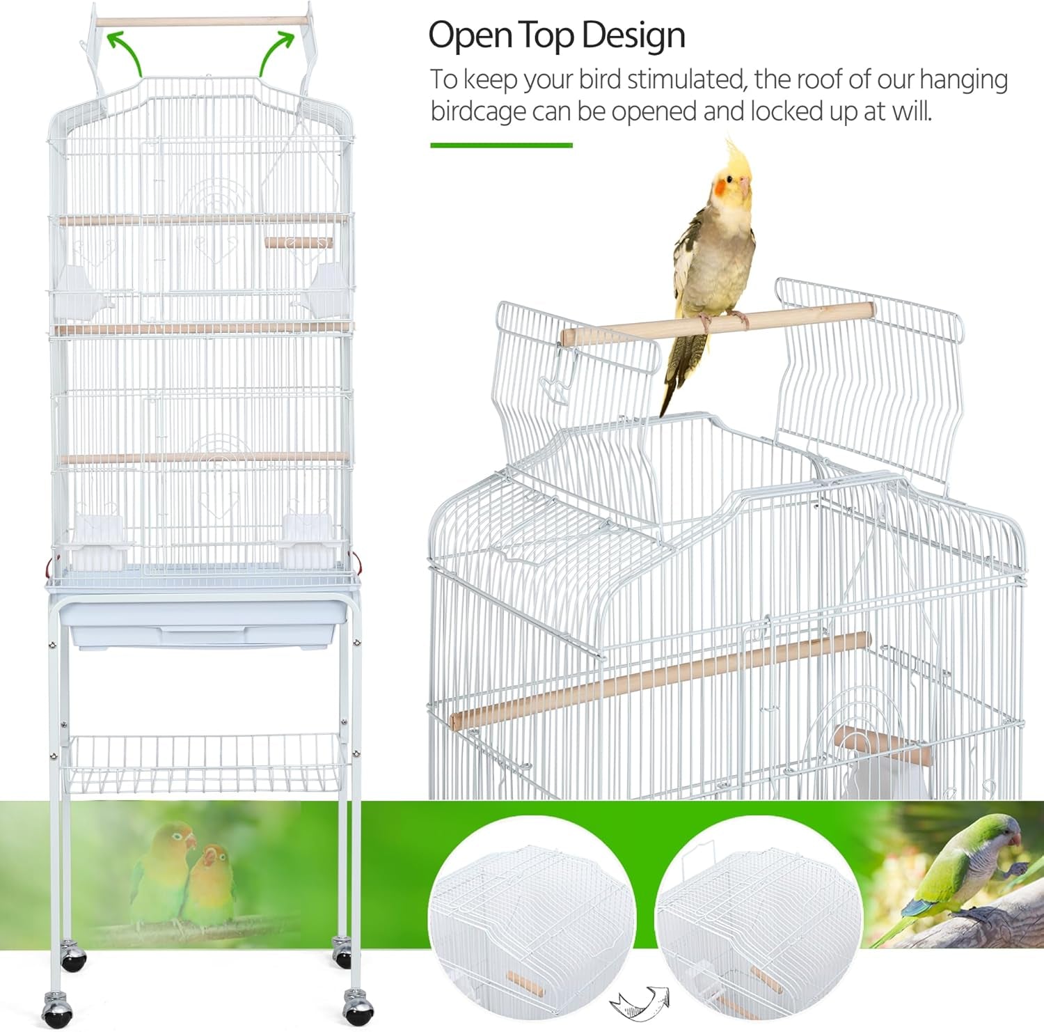 64-Inch Open Play Top Bird Cages for Parakeets Cockatiels Finches Lovebirds Canaries Conures Budgies Parrot Birdcage W/Detachable Rolling Stand, White