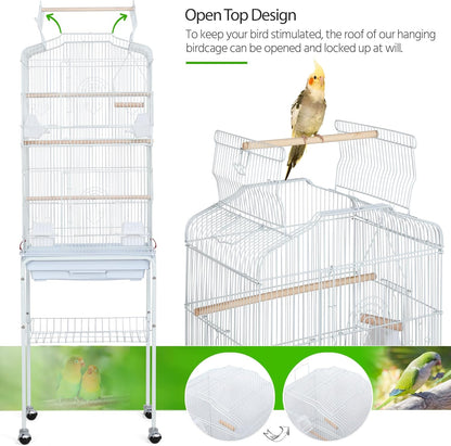 64-Inch Open Play Top Bird Cages for Parakeets Cockatiels Finches Lovebirds Canaries Conures Budgies Parrot Birdcage W/Detachable Rolling Stand, White