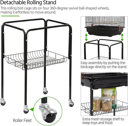 64'' Bird Cage, Open Top Parakeet Cage W/Slide-Out Tray, Feeders, Detachable Rolling Stand, Bird Cages for Parrot, Cockatiel, Budgie, Parakeets, Lovebird, Small Medium Birds