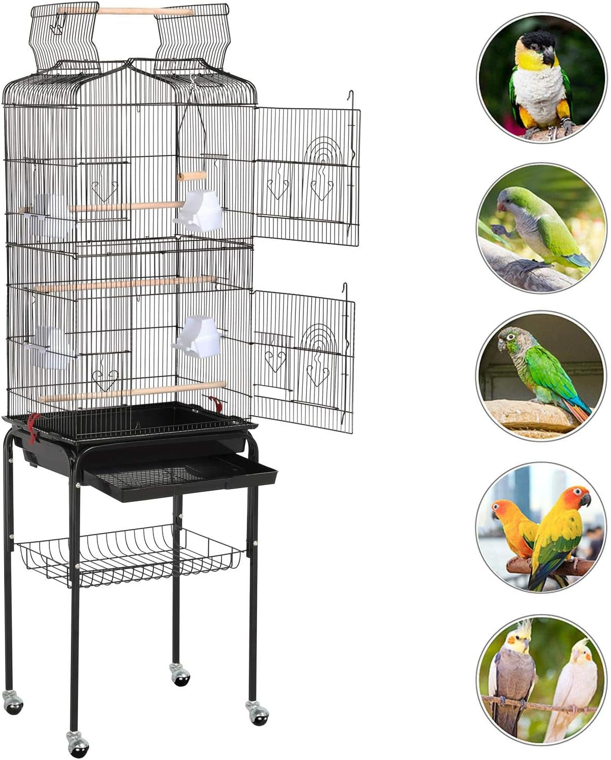 64'' Bird Cage, Open Top Parakeet Cage W/Slide-Out Tray, Feeders, Detachable Rolling Stand, Bird Cages for Parrot, Cockatiel, Budgie, Parakeets, Lovebird, Small Medium Birds