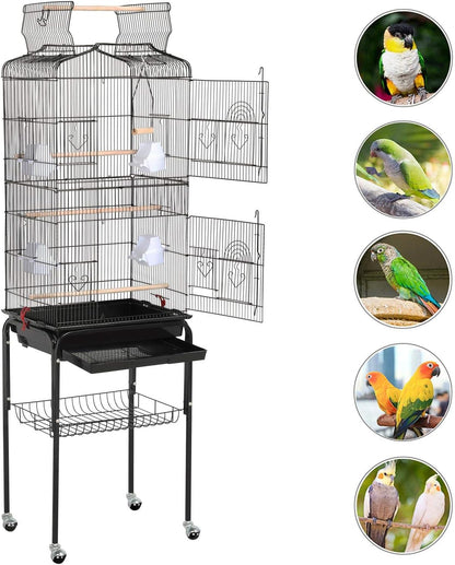 64'' Bird Cage, Open Top Parakeet Cage W/Slide-Out Tray, Feeders, Detachable Rolling Stand, Bird Cages for Parrot, Cockatiel, Budgie, Parakeets, Lovebird, Small Medium Birds