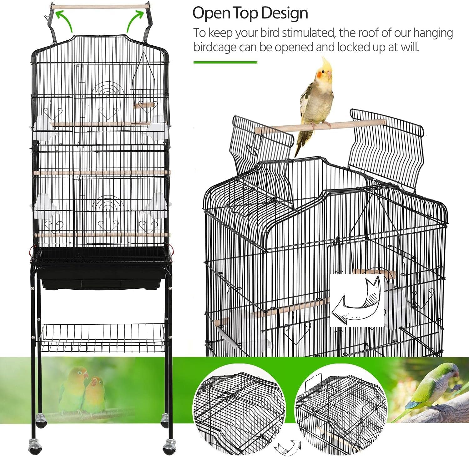64'' Bird Cage, Open Top Parakeet Cage W/Slide-Out Tray, Feeders, Detachable Rolling Stand, Bird Cages for Parrot, Cockatiel, Budgie, Parakeets, Lovebird, Small Medium Birds