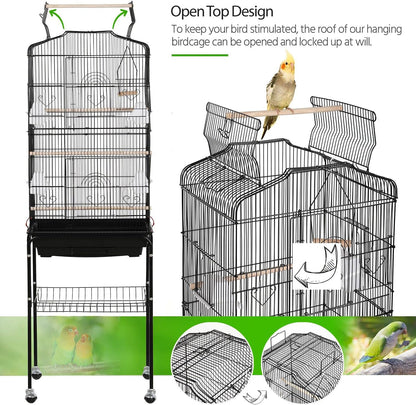 64'' Bird Cage, Open Top Parakeet Cage W/Slide-Out Tray, Feeders, Detachable Rolling Stand, Bird Cages for Parrot, Cockatiel, Budgie, Parakeets, Lovebird, Small Medium Birds