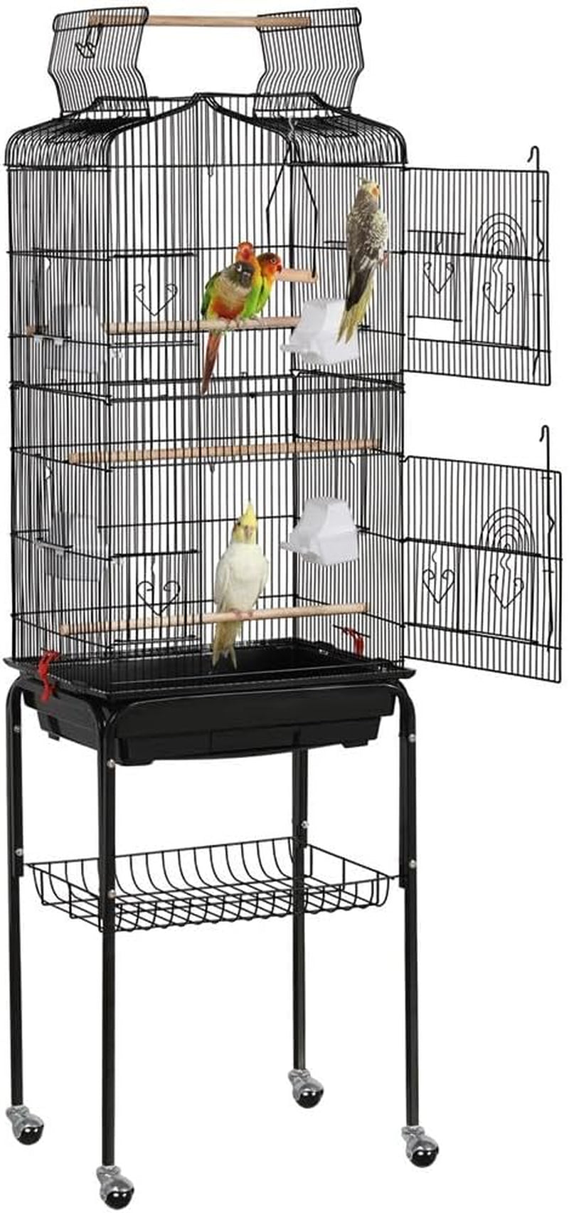 64'' Bird Cage, Open Top Parakeet Cage W/Slide-Out Tray, Feeders, Detachable Rolling Stand, Bird Cages for Parrot, Cockatiel, Budgie, Parakeets, Lovebird, Small Medium Birds