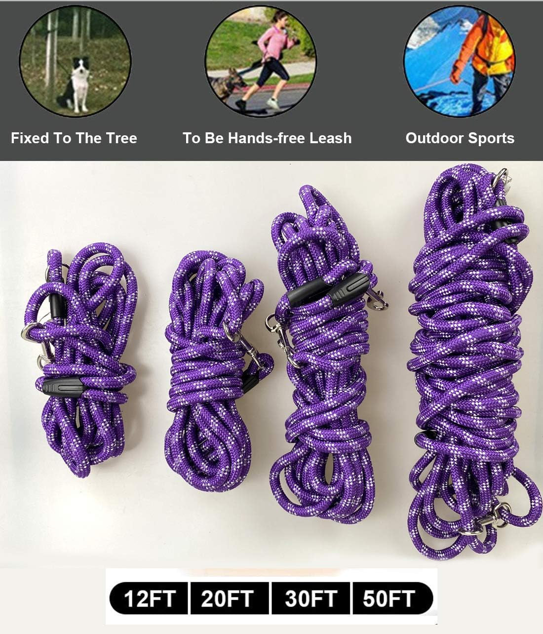 Long Rope Dog Leash for Dog Training 12FT 20FT 30FT 50FT, Reflective Threads Dog Leashes Tie-Out Check Cord Recall Training Agility Lead for Large Medium Small Dogs ( Black, 10Mm*12Ft)