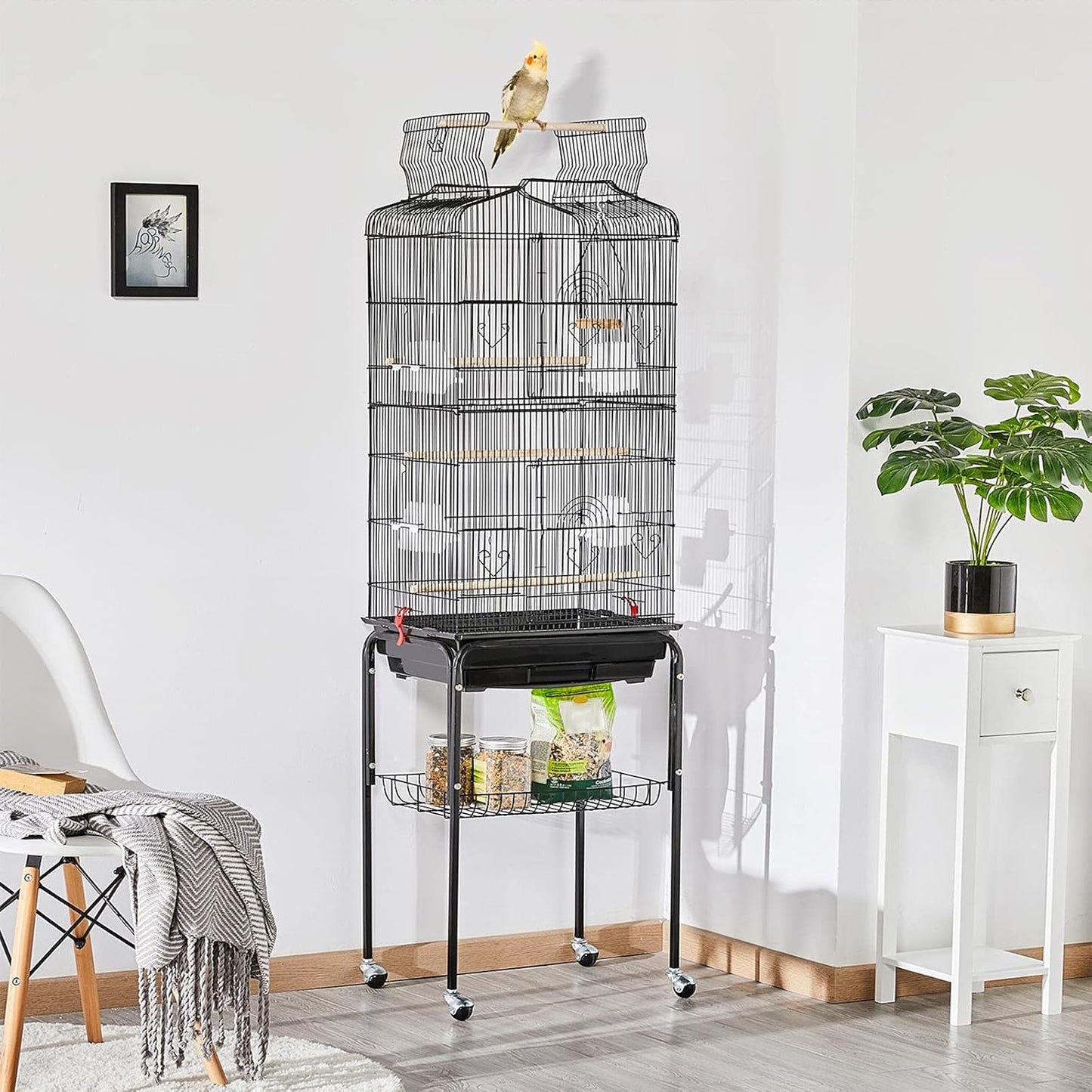 64'' Bird Cage, Open Top Parakeet Cage W/Slide-Out Tray, Feeders, Detachable Rolling Stand, Bird Cages for Parrot, Cockatiel, Budgie, Parakeets, Lovebird, Small Medium Birds
