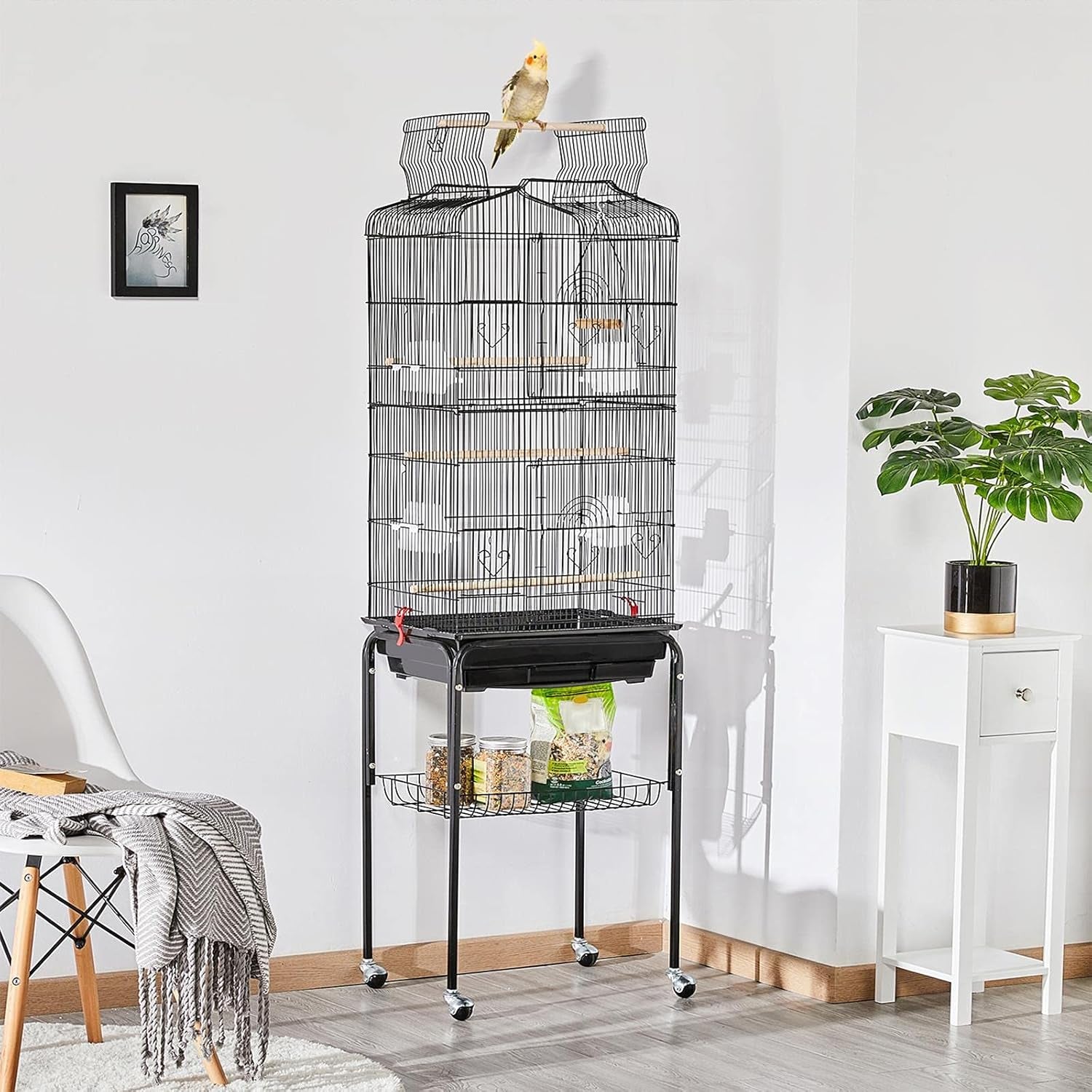 64'' Bird Cage, Open Top Parakeet Cage W/Slide-Out Tray, Feeders, Detachable Rolling Stand, Bird Cages for Parrot, Cockatiel, Budgie, Parakeets, Lovebird, Small Medium Birds