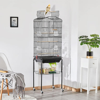 64'' Bird Cage, Open Top Parakeet Cage W/Slide-Out Tray, Feeders, Detachable Rolling Stand, Bird Cages for Parrot, Cockatiel, Budgie, Parakeets, Lovebird, Small Medium Birds